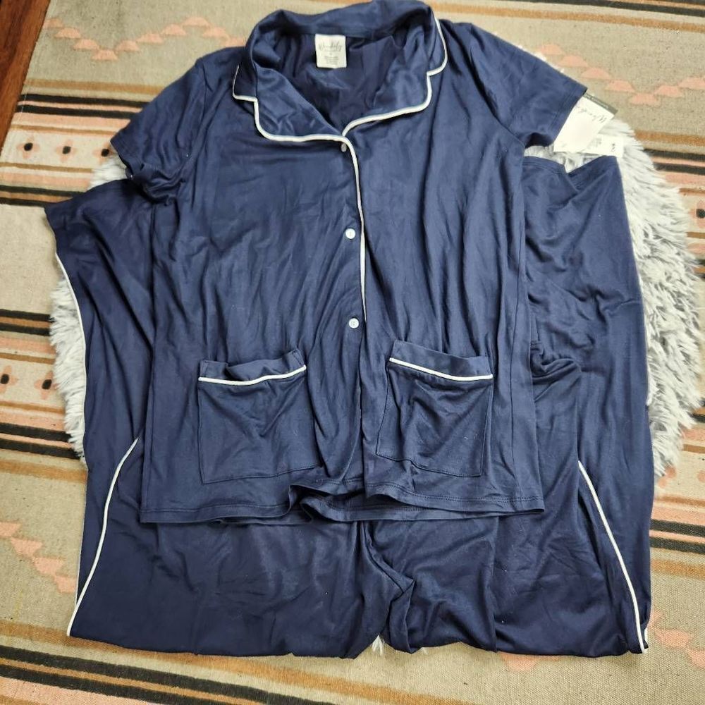 Wonderly Retro Navy Pajama Set Navy NWT Women's Medium White Piping Detail